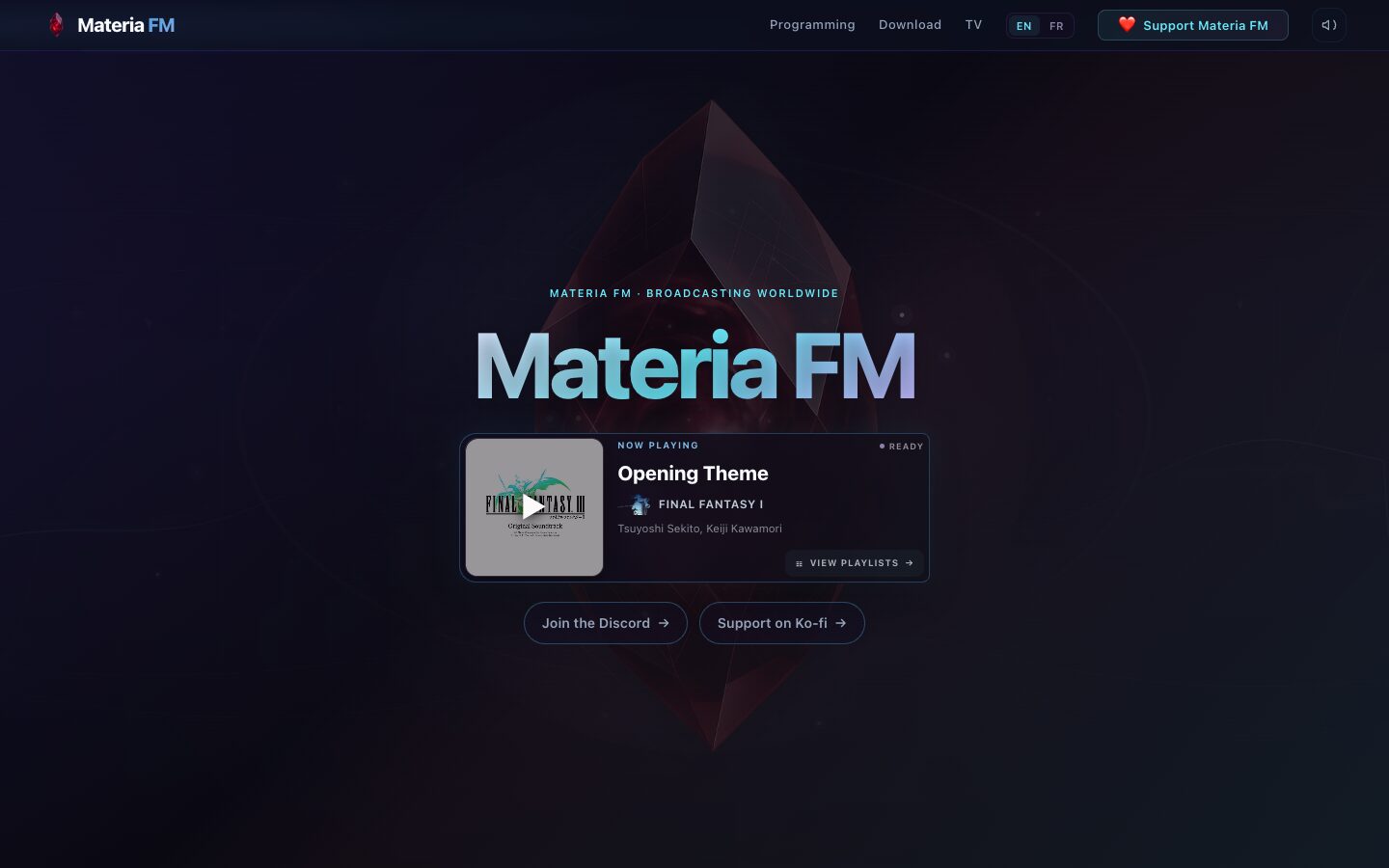 Page d’accueil de Materia FM avec le lecteur audio